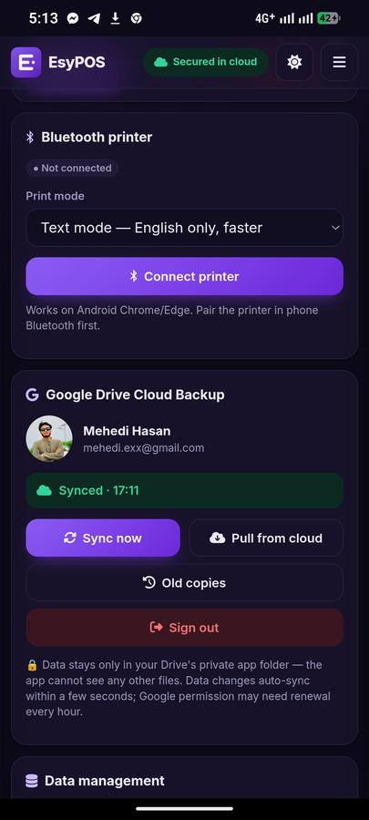Google Drive cloud backup and Bluetooth printer settings